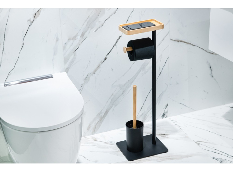 Držák toaletního papíru s WC štětkou - černý - kov/bambus