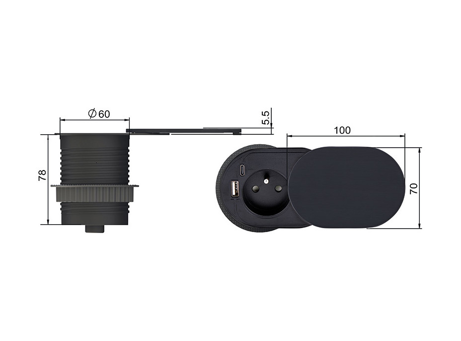 Vestavná zásuvka s posuvným víčkem, USB A+C nabíječka, 2m, matná černá