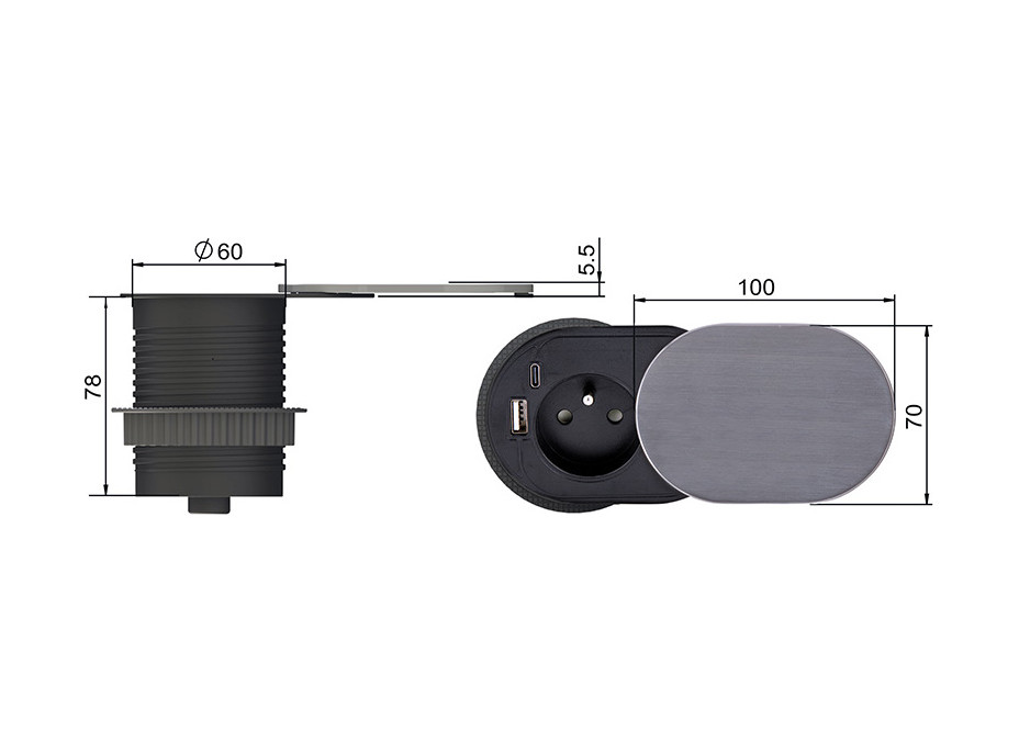 Vestavná zásuvka s posuvným víčkem, USB A+C nabíječka, 2m, stříbrná