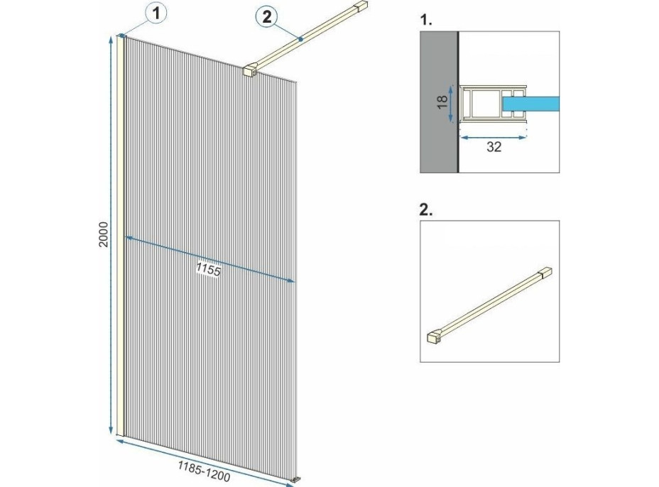 Koupelnová pevná zástěna Rea AERO 120 cm - broušená zlatá - intimo sklo