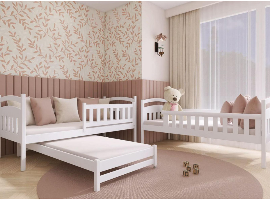Dětská patrová postel z masivu borovice BOHDANA s přistýlkou a šuplíky - 200x90 cm - ŠEDÁ