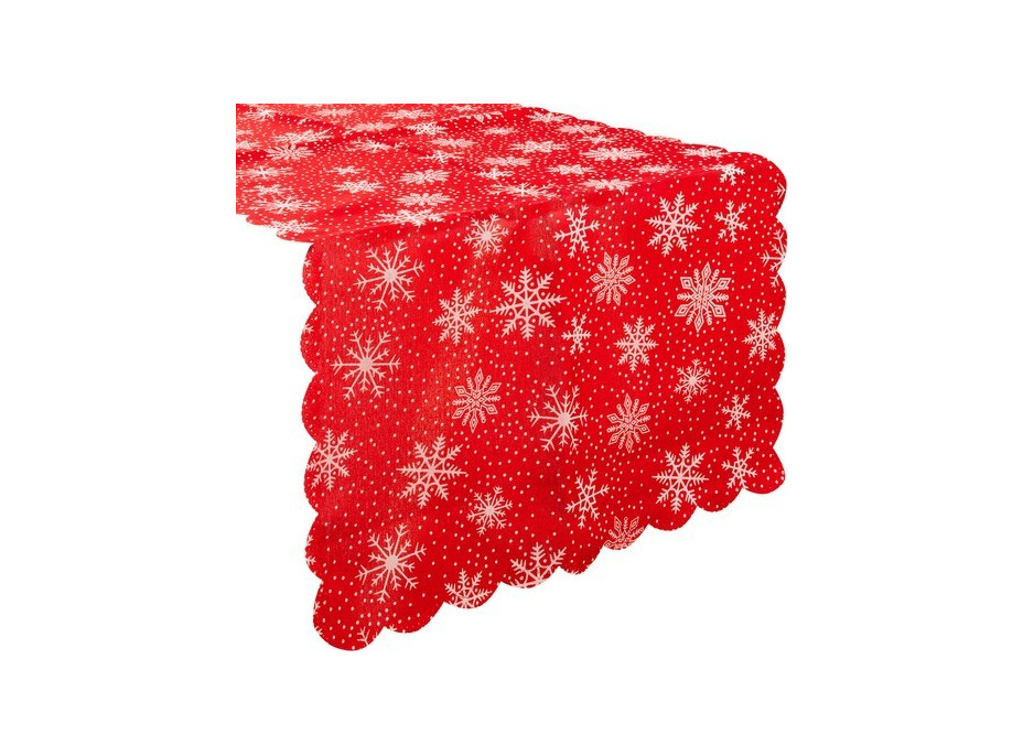 Vánoční běhoun na stůl 150x35 cm - Vločky - červený/stříbrný