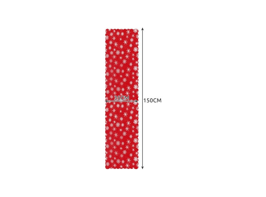 Vánoční běhoun na stůl 150x35 cm - Vločky - červený/stříbrný