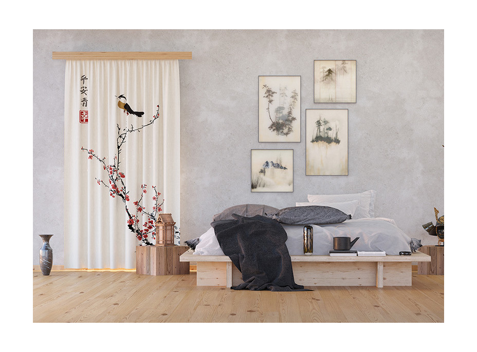 Designový závěs - Japonská sakura s ptáčkem - 140x245 cm