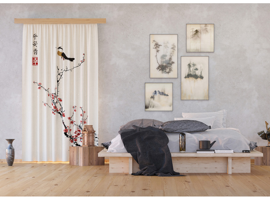 Designový závěs - Japonská sakura s ptáčkem - 140x245 cm