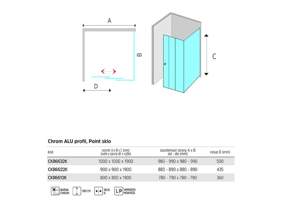 Sprchový kout LIMA - čtverec - chrom/sklo Point - trojdílné posuvné dveře