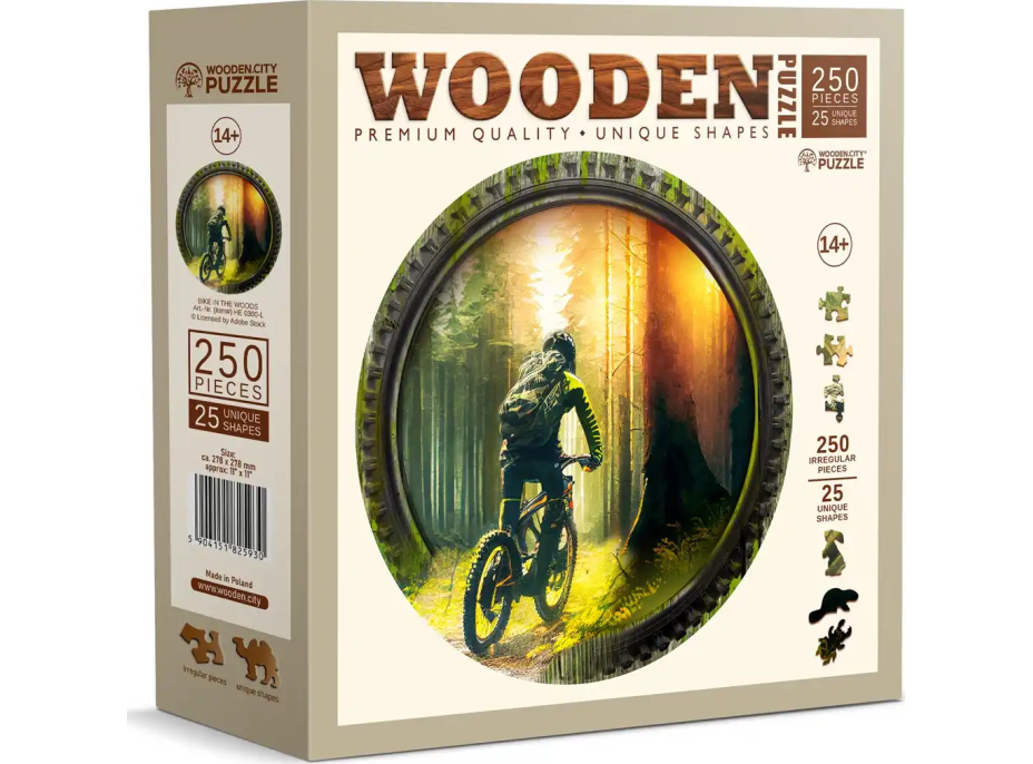 WOODEN CITY Dřevěné puzzle Biker v lese 250 dílků EKO