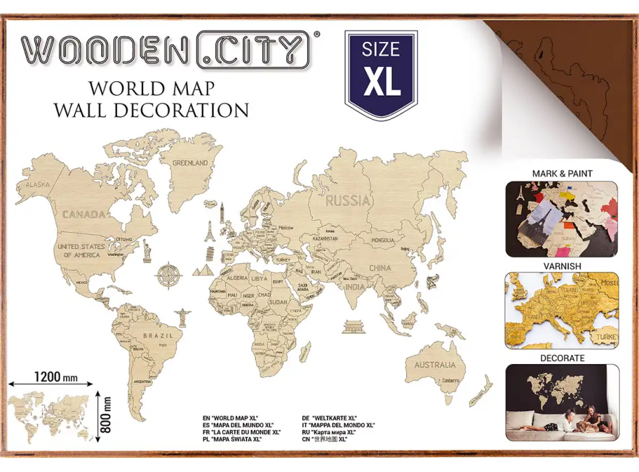 WOODEN CITY Dřevěná mapa světa velikost XL (120x80 cm) hnědá