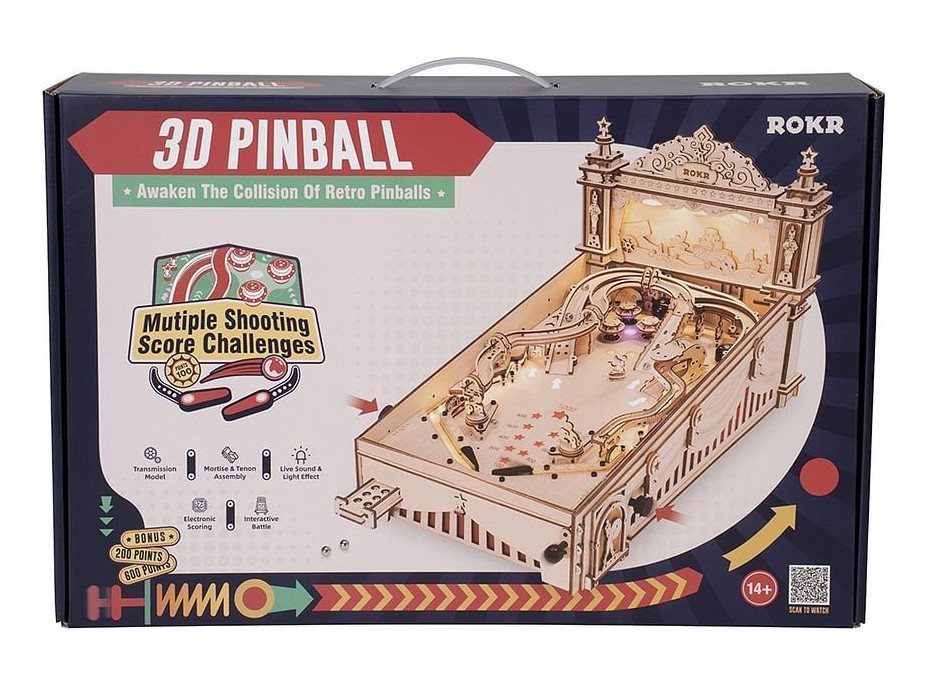 ROBOTIME Rokr Svítící 3D dřevěné puzzle Hrací automat: Pinball 482 dílků