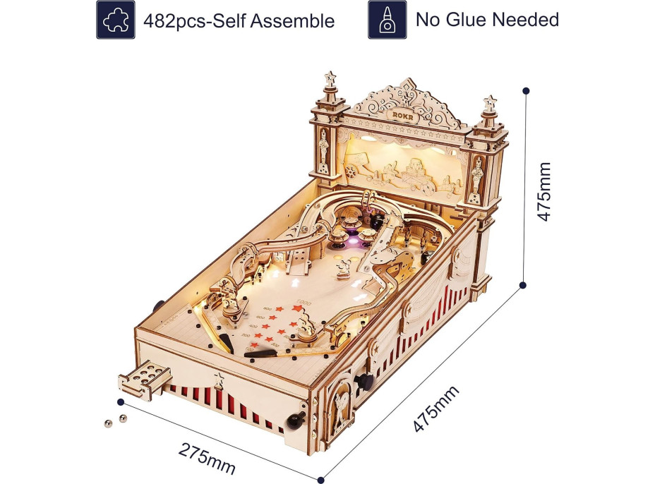 ROBOTIME Rokr Svítící 3D dřevěné puzzle Hrací automat: Pinball 482 dílků