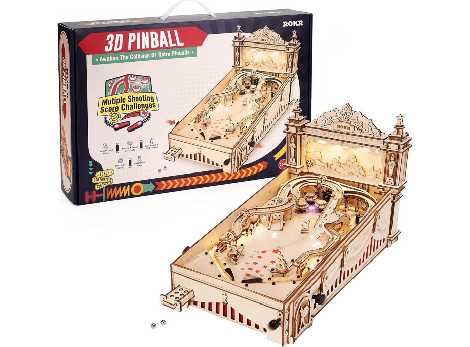 ROBOTIME Rokr Svítící 3D dřevěné puzzle Hrací automat: Pinball 482 dílků