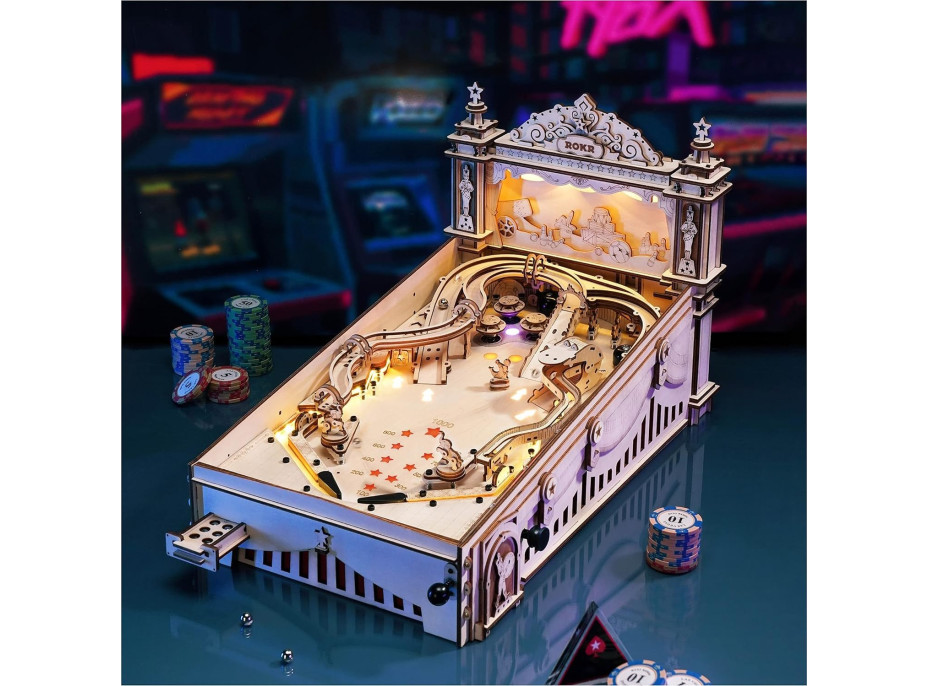 ROBOTIME Rokr Svítící 3D dřevěné puzzle Hrací automat: Pinball 482 dílků