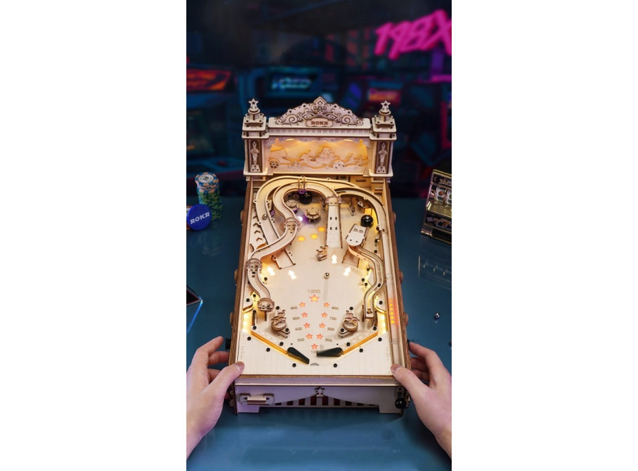 ROBOTIME Rokr Svítící 3D dřevěné puzzle Hrací automat: Pinball 482 dílků