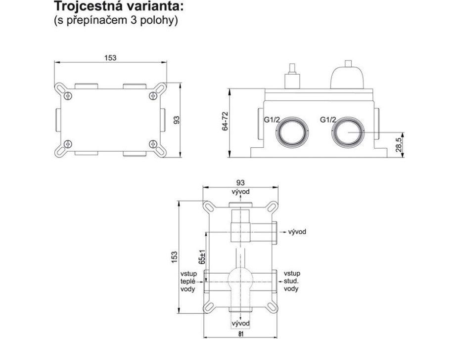 Sprchová podomítková souprava s tyčí - 3 výstupy - hranatý kryt - chromová