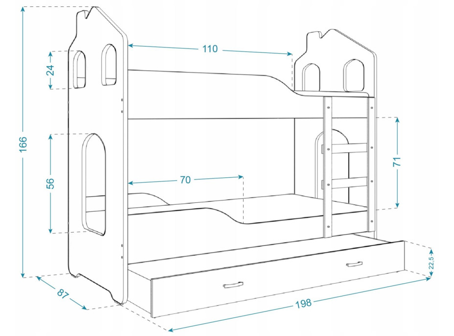 Dětská domečková patrová postel Dominik se šuplíkem BÍLÁ - 190x80 cm