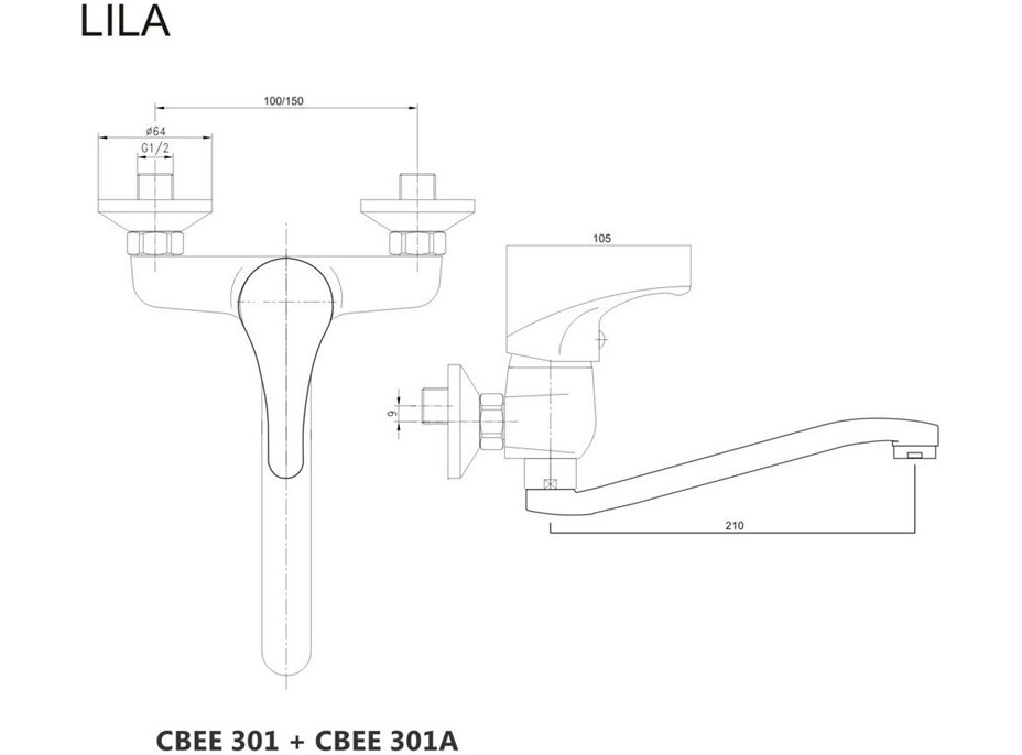 Kuchyňská dřezová nástěnná baterie LILA - vyhnuté ramínko 21 cm - chromová