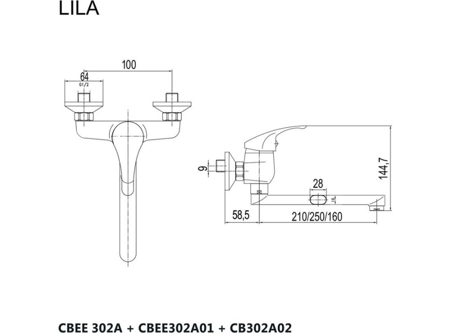 Kuchyňská dřezová nástěnná baterie LILA - ramínko 21 cm - chromová