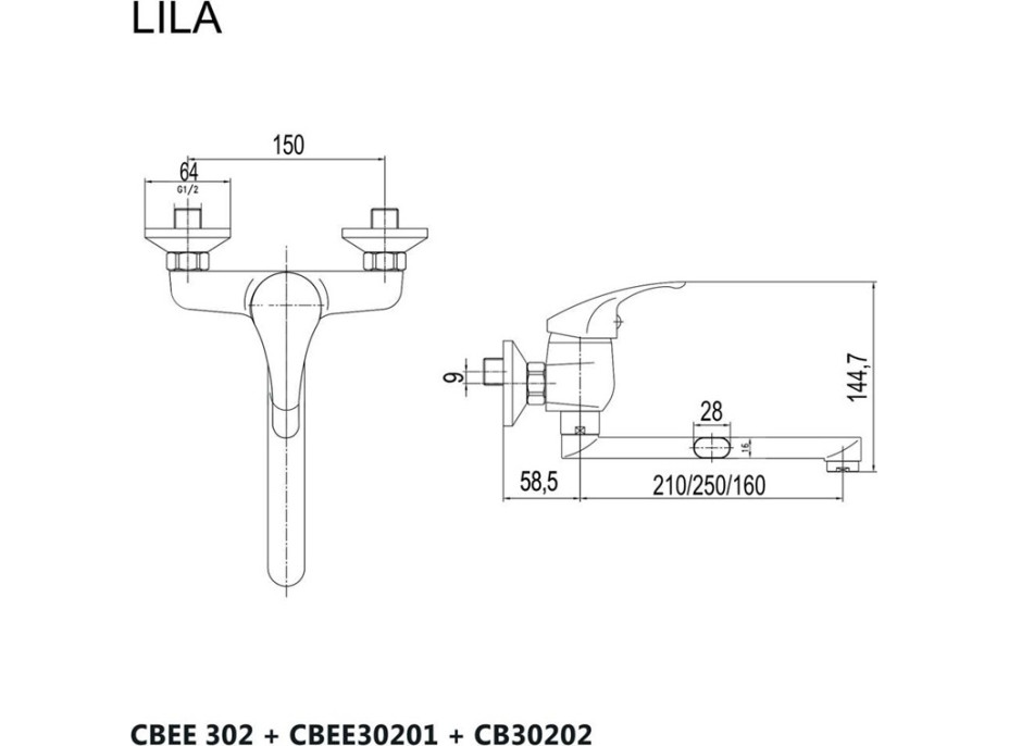 Kuchyňská dřezová nástěnná baterie LILA - ramínko 21 cm - chromová