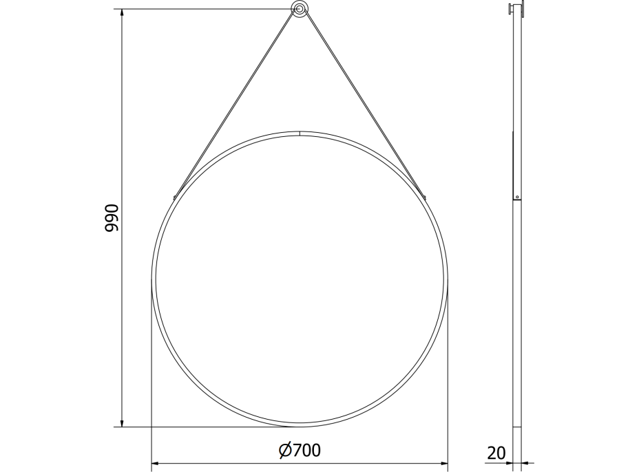 Kulaté zrcadlo na pásku MEXEN STRING 70 cm - černé, 9854-070-070-000-70