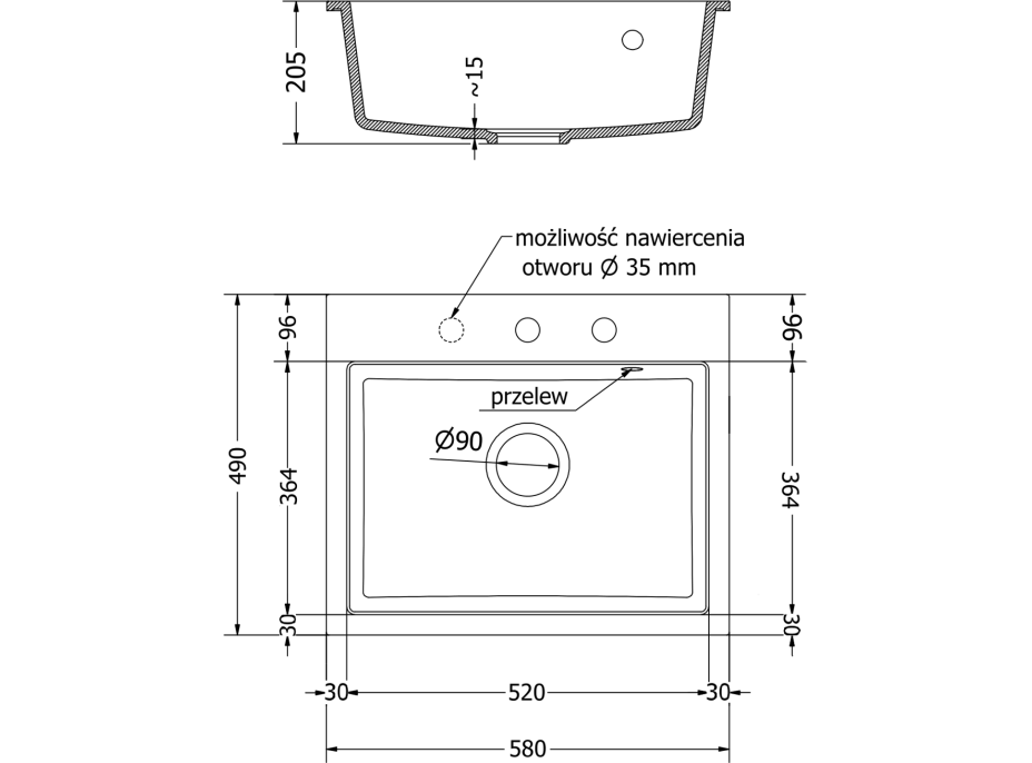 Kuchyňský granitový dřez MEXEN OSCAR - 58 x 49 cm - metalický černý/zlatý, 6519581000-75