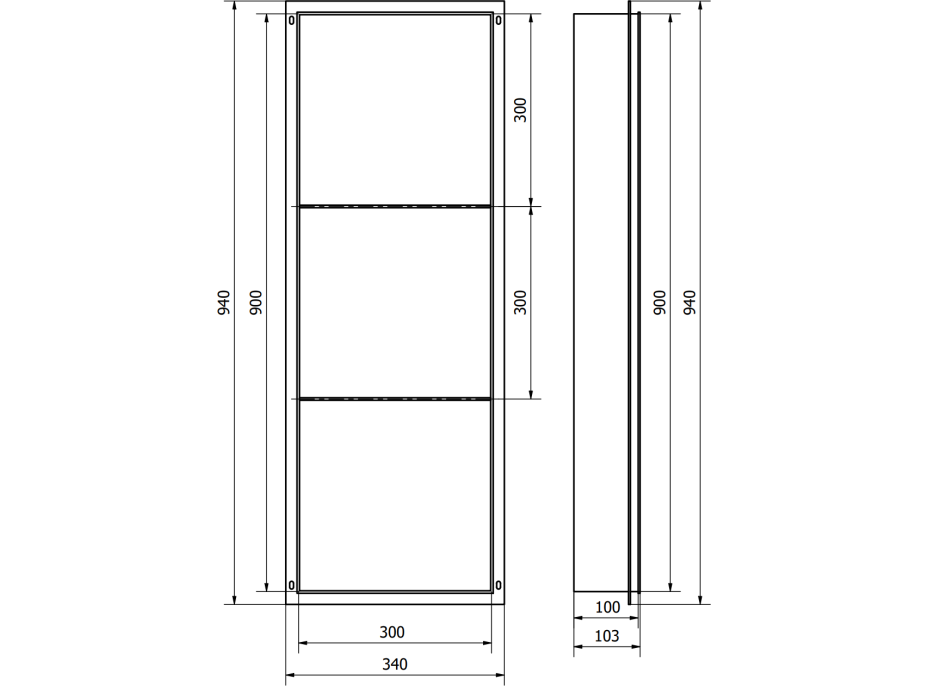 Zápustná police pod omítku Mexen X-Wall-NR 30x90 cm - inox, 1911903010S