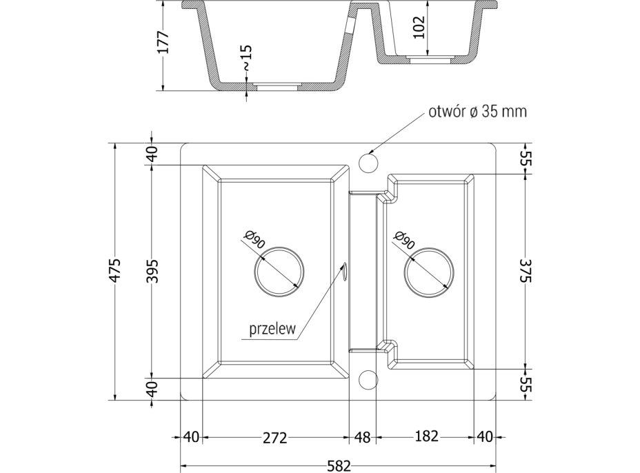 Kuchyňský granitový dřez MEXEN CARLOS - 58,2x47,5 cm - metalický černý/stříbrný, 6518581500-73