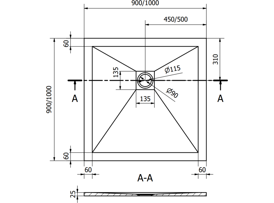 Sprchová vanička MEXEN STONE+ 100x100 cm - betonová šedá - minerální kompozit, 44611010