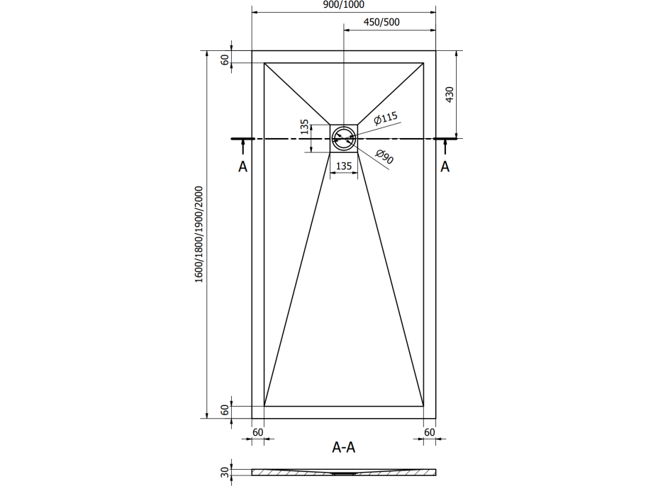 Sprchová vanička MEXEN STONE+ 90x200 cm - betonová šedá - minerální kompozit, 44619020