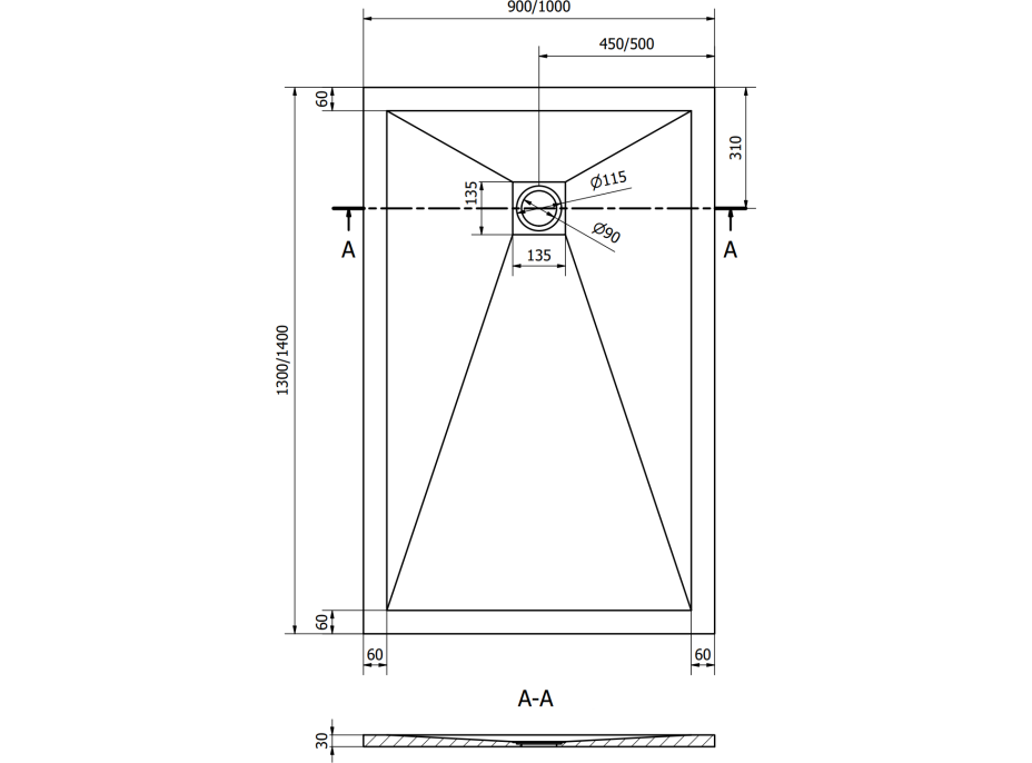 Sprchová vanička MEXEN STONE+ 90x130 cm - tmavě šedá - minerální kompozit, 44719013