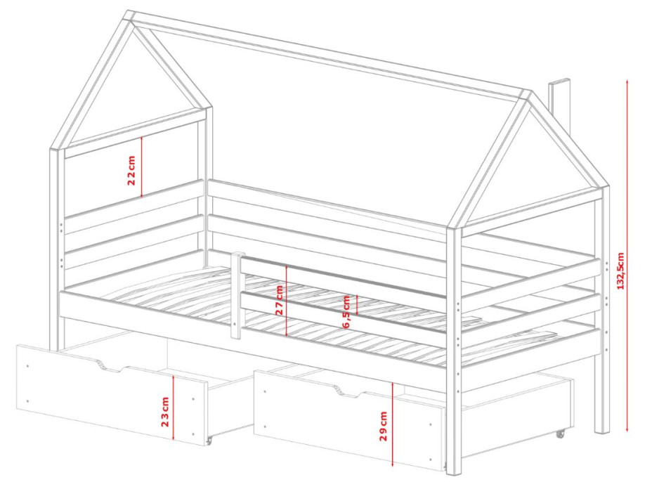 Dětská domečková postel se šuplíky AMOS - 200x90 cm - přírodní borovice