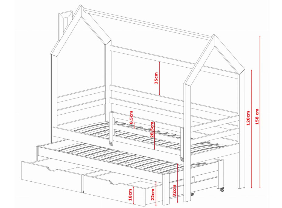 Dětská domečková postel s přistýlkou a šuplíky DAISY - 200x90 cm - bílá