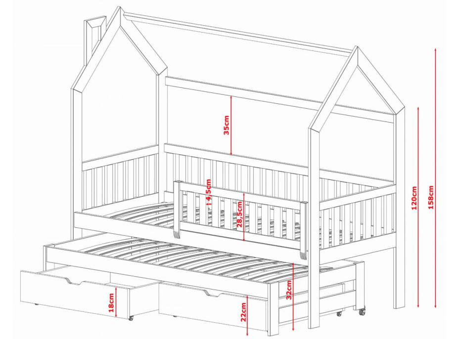 Dětská domečková postel s přistýlkou a šuplíky MATYLDA - 200x90 cm - přírodní borovice