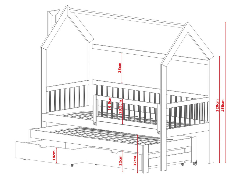 Dětská domečková postel s přistýlkou a šuplíky PIPER - 200x90 cm - šedá