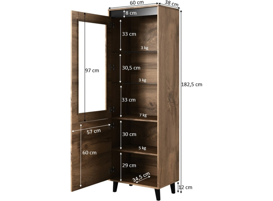 Vitrína NORD - 182,5x60x38 cm - dub wotan/antracit