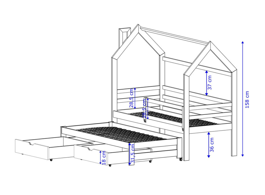 Dětská domečková postel s přistýlkou a šuplíky DAISY - 200x90 cm - bílá