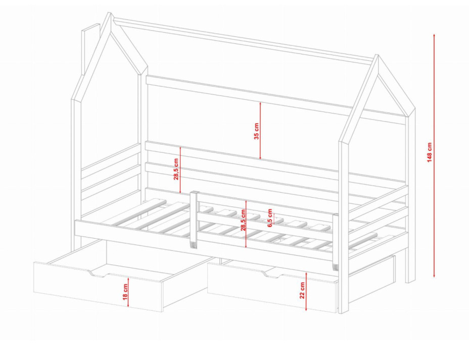 Dětská domečková postel LILIE se šuplíky - 200x90 cm