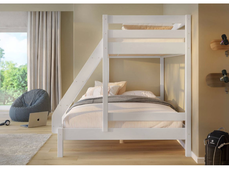 Dětská patrová postel z masivu s rozšířeným spodním lůžkem KUBA - 200x90/140 cm - bílá