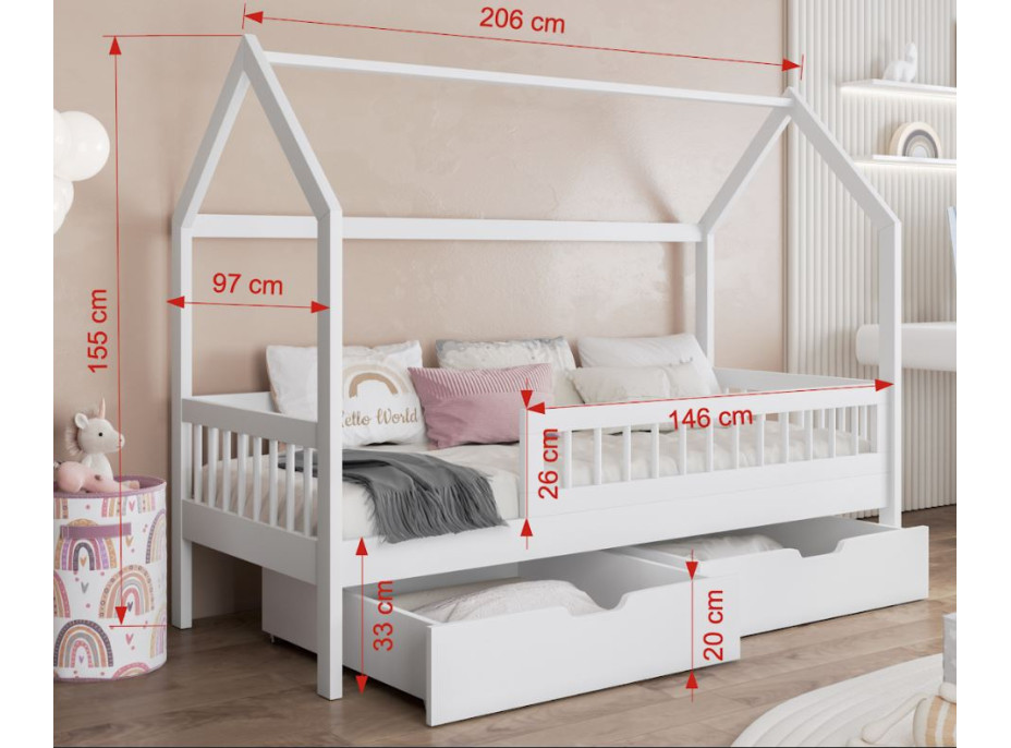 Dětská domečková postel z masivu borovice GAJA se šuplíky - 200x90 cm - bílá