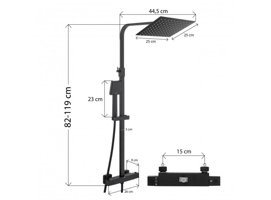 Sprchová souprava GABI s termostatickou baterií - 25x25 cm - černá matná