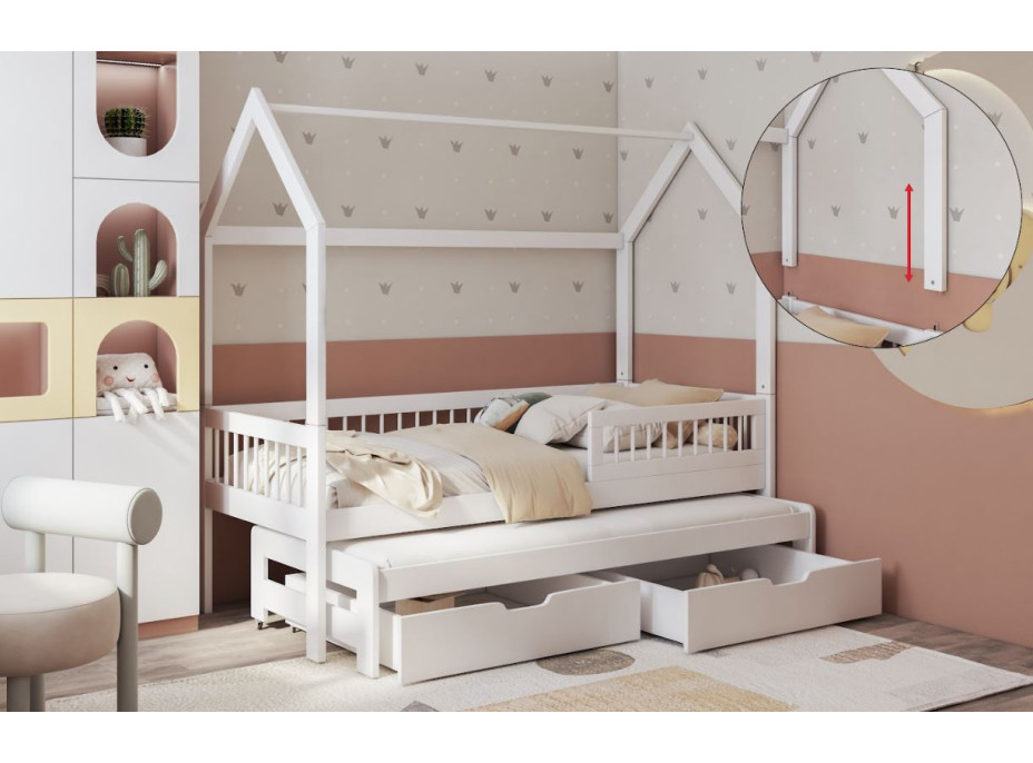 Dětská domečková postel z masivu borovice ASHER II se šuplíky a přistýlkou - 200x90 cm - bílá