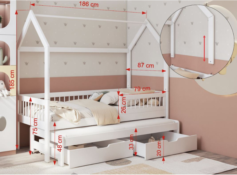 Dětská domečková postel z masivu borovice ASHER II se šuplíky a přistýlkou - 180x80 cm - bílá