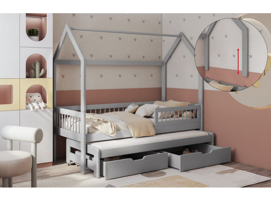 Dětská domečková postel z masivu borovice ASHER II se šuplíky a přistýlkou - 180x80 cm - šedá
