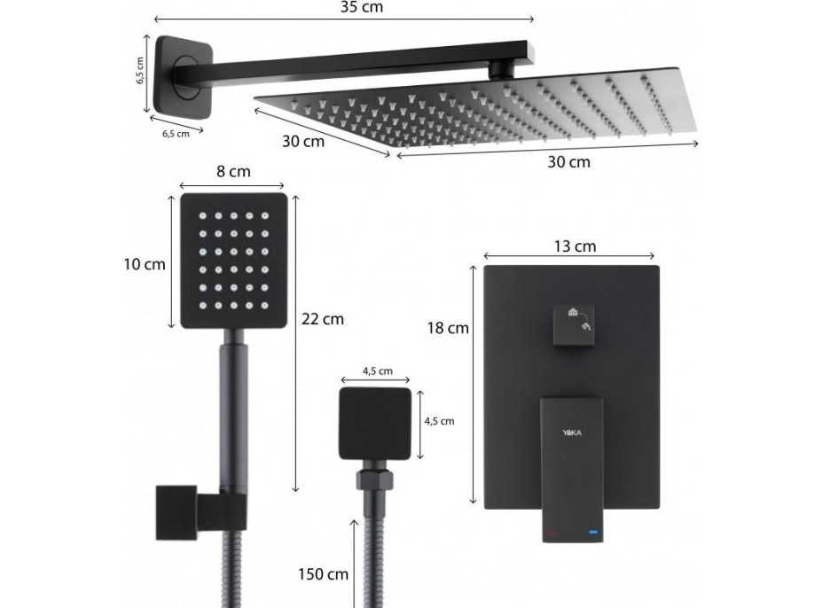 Sprchová podomítková souprava KOYA - černá - hlavice 30x30 cm