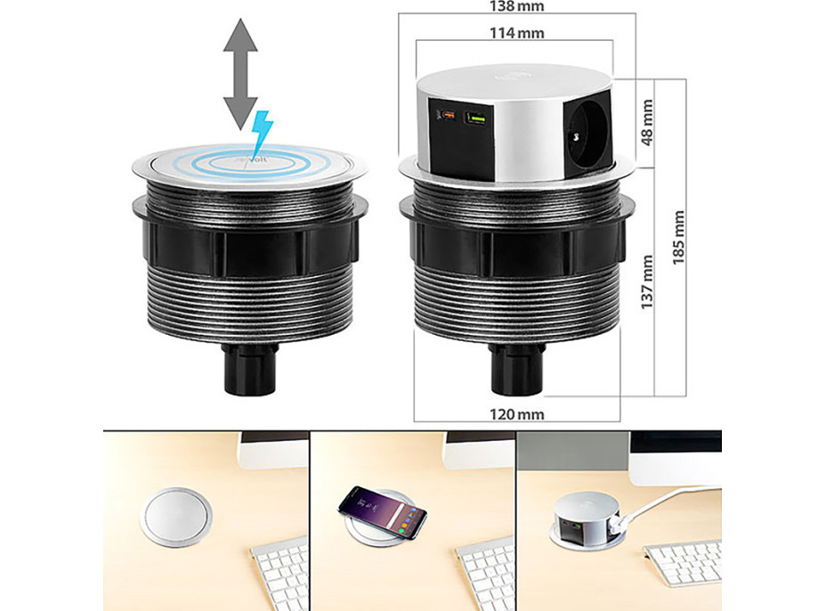 3z + USB A+C + Wireless 10W výsuvný blok zásuvek, kruhový tvar, 2 m, stříbrný