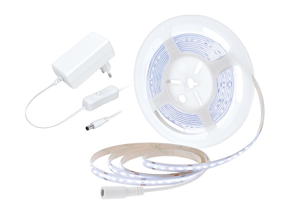 LED COB pásek, sada s adaptérem, vypínač, 5m, 8W/m, 800lm/m, studená bílá