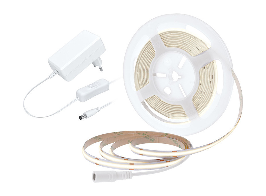 LED COB pásek, sada s adaptérem, vypínač, 5m, 8W/m, 800lm/m, neutrální bílá