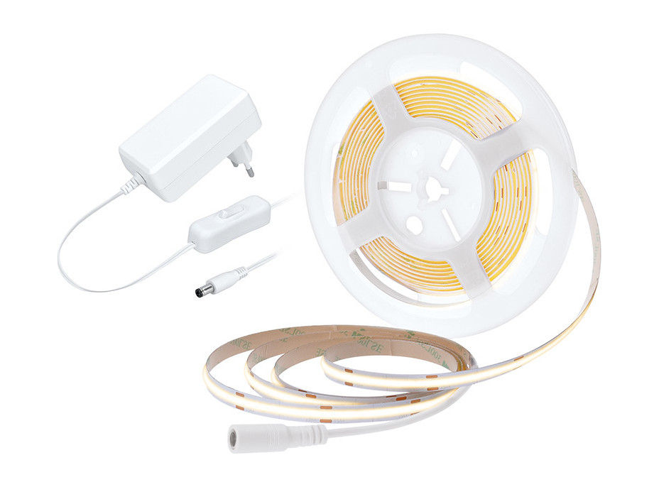 LED COB pásek, sada s adaptérem, vypínač, 5m, 8W/m, 800lm/m, teplá bílá