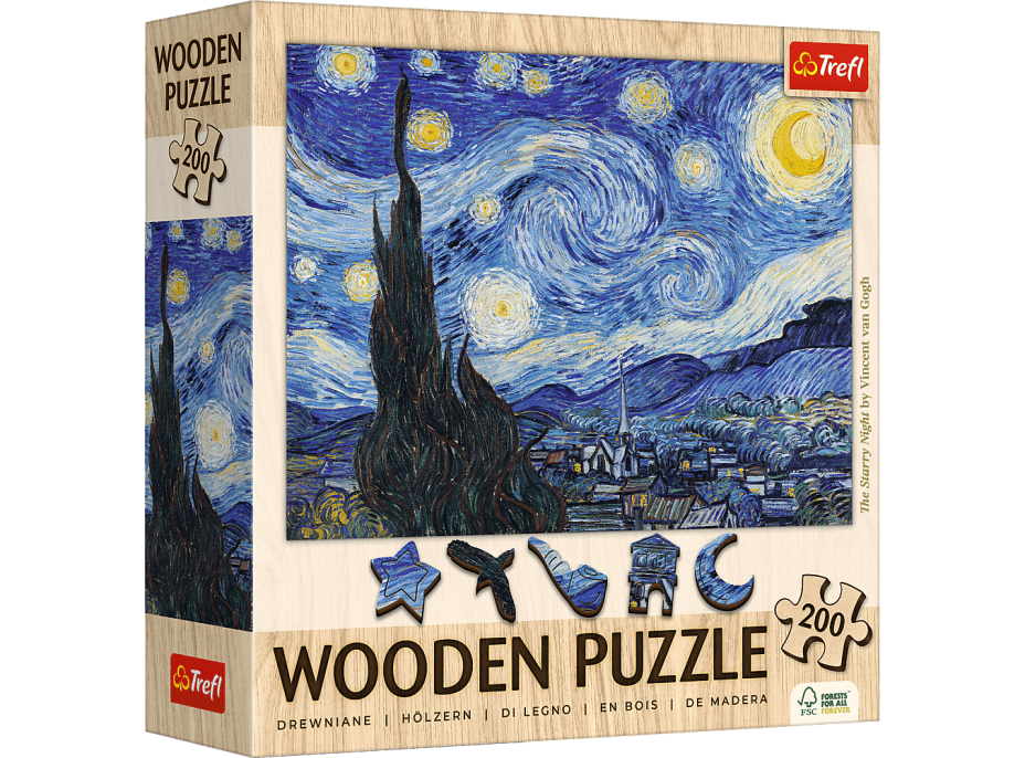 TREFL Dřevěné puzzle Art: Vincent van Gogh - Hvězdná noc 200 dílků