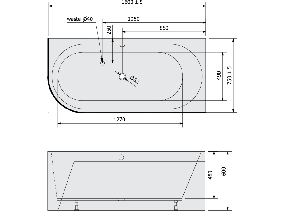 Polysan ASTRA R MONOLITH asymetrická vana 160x75x60cm, bílá 34611M