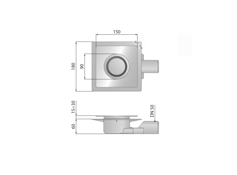 Omp Tea TIRANA podlahová vpust boční 150x150mm, odpad 50mm, chrom 2665.695.8